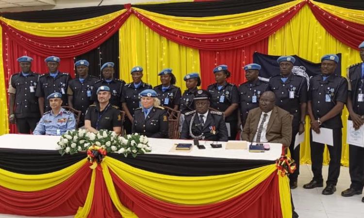 SCP Sakira Moses representing the Uganda Head of Mission in juba at a UN medal awarding ceremony to a contingent of Uganda Police Officers serving in UNMISS.