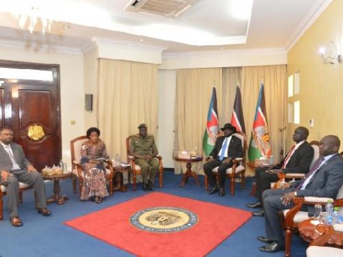 H.E. Amb. Brig. Ronnie Balya, Hon. Betty Bigombe meets H.E Salva Kiir, President of the Republic of South Sudan.